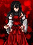  black_hair breasts clenched_hand detached_sleeves foreshortening frown hakama_skirt hand_on_hip highres impossible_clothes impossible_leotard impossible_vest leotard long_hair looking_at_viewer m.u.g.e.n medium_breasts original red_background red_eyes sendai_hakurei_no_miko skirt skirt_set solo suikyou_(aqua_cities) touhou 