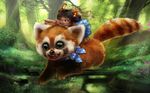  bounding bow chibi claws cute dress female fluffy forest forest_rays hair happy human jumping large log mammal natural nightmare_fuel outside oversized ox_horns pointing quadruped red_panda riding running smile stream tree whiskers wood yamiza young 