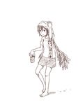 barefoot beer_can can full_body kawashina_(momen_silicon) looking_at_viewer monochrome shameimaru_aya short_hair shorts simple_background solo touhou towel towel_on_head white_background wings 
