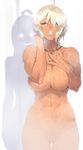  2girls abs ahoge ahoge_girl_(23) blonde_hair breasts closed_eyes commentary cross cross_necklace dark-skinned_girl_(23) dark_skin deep_skin highres jewelry large_breasts lips long_hair multiple_girls navel necklace nude open_mouth original shadow short_hair shower_curtain showering silhouette_demon smile solo_focus thigh_gap toned washing wet wife_and_wife you_gonna_get_raped yuri 