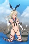  anchor anchor_hair_ornament animal_ears bikini black_bikini black_eyes blonde_hair bunny_ears day elbow_gloves fake_animal_ears gloves hair_ornament jt_dong-agyoku kantai_collection long_hair navel rensouhou-chan sailor_collar shimakaze_(kantai_collection) solo striped striped_legwear swimsuit thighhighs torn_clothes torn_legwear 