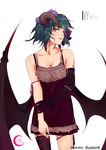  aqua_hair arm_grab asymmetrical_clothes bow demon_wings elbow_gloves gloves hair_bow highres horns illusionk multicolored multicolored_eyes original parted_lips red_eyes ribbon short_hair single_elbow_glove single_glove single_thighhigh smile solo tattoo thighhighs wings yellow_eyes 