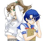  adjusting_eyewear arms_up back-to-back bishoujo_senshi_sailor_moon blue_eyes blue_hair blue_sailor_collar book bow brown_hair earrings glasses green_eyes hair_bobbles hair_ornament hands_in_hair hishou_kotatsu jewelry juuban_middle_school_uniform kino_makoto kino_makoto's_school_uniform long_hair long_sleeves looking_at_viewer midriff mizuno_ami multiple_girls object_hug ponytail sailor_collar school_uniform serafuku short_hair short_sleeves simple_background skirt white_background 