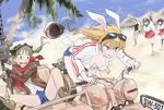  animal_ears black_eyes black_hair blonde_hair bmw_r75 breasts brown_hair bunny_ears charlotte_e_yeager cleavage desert driving francesca_lucchini goggles goggles_on_head green_eyes grin ground_vehicle gun hanna-justina_marseille head_wings helmet highres inagaki_mami jacket japanese_clothes katou_keiko long_hair machine_gun medium_breasts mg34 motor_vehicle motorcycle motorcycle_helmet multiple_girls palm_tree puuakachan scarf short_hair smile strike_witches tail tree twintails uniform weapon world_witches_series 
