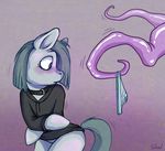  anthro anthrofied blush bottomless clothed clothing collar equine female friendship_is_magic fur gradient_background grey_fur grey_hair hair horse inkie_pie_(mlp) mammal my_little_pony panties partially_clothed pony purple_background purple_eyes shad_(artist) shirt short_hair signature solo tentacles underwear 
