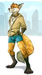  aerosocks barefoot black_fur black_nose brown_fur building canine clothed clothing collar fox fur gloves h.grunt hoodie jacket looking_away male mammal necklace ring shorts smile solo white_fur 