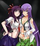 blood breasts busujima_saeko cleavage crossover eric_lowery female gradient gradient_background highschool_of_the_dead hime_cut hoshimura_makina large_breasts multiple_girls purple_hair school_uniform shikabane_hime skirt smile ss2 torn_clothes 