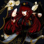  blue_eyes braid chinese_clothes fighting_stance flower hat hong_meiling koumajou_densetsu koumajou_densetsu_1 long_hair open_mouth peony_(flower) red_hair solo sun_dou touhou twin_braids wristband 