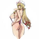  ass blonde_hair bow breasts hair_bow hat highres huge_breasts light_smile long_hair looking_at_viewer looking_back making_of purple_eyes q_azieru ribbon sideboob simple_background sketch slingshot_swimsuit solo strap_gap swimsuit touhou white_background yakumo_yukari 