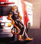  aerosocks ambulance barefoot clothed clothing feline fur glowing glowing_eyes male mammal orange_fur solo tiger tongue watch 