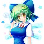  1girl :p blush breasts cirno cirno_(cosplay) cosplay frog_hair_ornament green_eyes green_hair hair_ornament ice kochiya_sanae large_breasts number onbashira osashin_(osada) solo taut_clothes tongue tongue_out touhou 