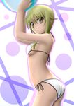  arms_up ass ball beachball bikini blonde_hair blush breasts flat_ass highres ichii_yui long_hair looking_at_viewer looking_back low_twintails medium_breasts side-tie_bikini sideboob siraha solo swimsuit twintails white_bikini yellow_eyes yuyushiki 