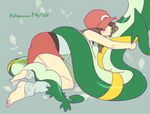  1girl artist_request ass barefoot baseball_cap blue_(pokemon) blue_shirt blush brown_hair copyright_name elbow feet grey_background hat hug leaf leaf_pattern looking_at_viewer loose_socks noah_0628 poke_ball pokemon pokemon_(game) pokemon_frlg red_(pokemon)_(cosplay) red_eyes red_hat red_skirt serious serperior shirt skirt socks symbol toes 