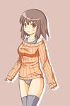 a-ktoo brown_eyes brown_hair highres leotard looking_at_viewer off_shoulder original ribbed_sweater short_hair smile solo standing sweater thighhighs 