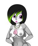  anthro black_hair breasts eyeshadow fangs female fish green_hair hair hands_on_hips kloudmutt lipstick makeup marine navel neckalce necklace nude pearl pearl_necklace plain_background purple_eyes shark shell solo two_tone_hair vixys 