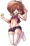  :d adapted_costume blonde_hair blue_eyes flat_chest hair_ribbon hat jumping midriff moriya_suwako navel open_mouth oukawa_yuu ribbon short_hair short_shorts shorts simple_background sketch sleeveless smile solo thighhighs touhou unzipped white_background white_legwear 