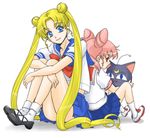  back-to-back ball bishoujo_senshi_sailor_moon blonde_hair blue_eyes blue_sailor_collar bow chibi_usa double_bun earrings full_body hishou_kotatsu jewelry juuban_middle_school_uniform long_hair looking_at_viewer luna-p midriff multiple_girls pink_hair red_bow red_eyes sailor_collar school_uniform serafuku shoes short_sleeves simple_background sitting skirt socks tsukino_usagi twintails white_background white_legwear 