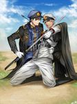  archer blue_hair cape dark_skin dark_skinned_male fate/stay_night fate_(series) gloves grey_eyes hat katana lancer long_hair male_focus military military_uniform mitsuki_mitsuno multiple_boys naval_uniform one_eye_closed peaked_cap ponytail red_eyes riding_crop sheath sword uniform weapon white_hair 