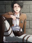  bad_id bad_pixiv_id belt black_hair brick emblem insignia jacket keita_(tundereyuina) letterboxed levi_(shingeki_no_kyojin) male_focus open_mouth paradis_military_uniform shingeki_no_kyojin sitting solo survey_corps_(emblem) 