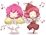  ahoge bad_singing camisole chibi closed_eyes crossover dress hand_on_own_chest hands_together harpy_(puyopuyo) hat jewelry kneehighs look-alike madou_monogatari mazume multiple_girls music musical_note mystia_lorelei open_mouth outstretched_arm pink_hair puyopuyo shadow short_hair simple_background singing skirt touhou trait_connection white_background wings 