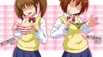  2girls bow bowtie brown_hair danshi_koukousei_no_nichijou goriate hair_ornament hairclip holding holding_panties leopard_print multiple_girls panties presenting_panties print_panties ringo-chan_(danshi_koukousei) school_uniform skirt striped striped_panties tadakuni&#039;s_little_sister tadakuni's_little_sister thong twintails underwear yoshitake's_older_sister 