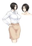  1girl beige_skirt black_beat black_hair bow breasts brown_eyes collarbone collared_shirt commentary_request hand_on_hip highres kill_time_communication large_breasts long_sleeves office_lady pencil_skirt shirt short_hair skirt smile standing white_bow white_sleeves 