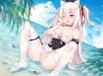  1girl absurdres animal_ears areolae azur_lane blue_eyes blue_sky breasts cameltoe cat_ears chinese_commentary choker cloud collarbone commentary_request corset covered_nipples crying hair_ribbon hammann_(azur_lane) heishan highres long_hair one_eye_closed one_side_up open_mouth panties ribbon sitting sky small_breasts solo thighhighs torn_clothes torn_legwear torn_panties underwear very_long_hair water white_hair white_legwear wrist_cuffs 