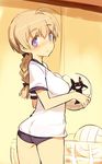  ahoge ass blonde_hair blue_eyes blush braid breasts buruma flat_ass gym_uniform hair_ribbon large_breasts looking_at_viewer looking_back lynette_bishop ribbon shimada_fumikane silhouette_demon single_braid smile solo strike_witches volleyball world_witches_series 