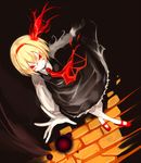  ascot banned_artist black_dress blonde_hair darkness dress energy_ball glowing glowing_eyes hair_ribbon kozou_(soumuden) long_sleeves looking_at_viewer outstretched_arm outstretched_hand red_eyes red_footwear ribbon rumia shirt shoes short_hair solo torn_ribbon touhou 