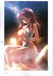  absurdres alternate_hairstyle blush breasts covering d: fence green_eyes highres large_breasts long_hair milky_way minakawa_sui natsuzora_no_perseus nipples nude_cover onsen open_mouth red_hair sitting solo star_(sky) takasaki_mako towel water wooden_fence 