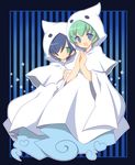  1girl bad_id bad_pixiv_id blue_background blue_eyes blue_hair ghost ghost_costume ghost_tail green_eyes green_hair hair_over_one_eye hands_together hood puyopuyo puyopuyo_fever ramune_(ramu33) rei-kun shawl short_hair smile striped striped_background vertical-striped_background vertical_stripes yu-chan 