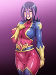  1girl areguro black_beat blush bodysuit breasts droite_(yuu-gi-ou_zexal) gloves highres large_breasts lipstick long_hair looking_at_viewer makeup multicolored_hair pink_background simple_background solo standing yellow_eyes yu-gi-oh! yuu-gi-ou_zexal 