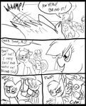  angry applejack_(mlp) black_and_white comic cowboy_hat cutie_mark dialog english_text equine eyes female feral fight freckles friendship_is_magic grin group hair hat horse inside male mammal metal_(artist) monochrome my_little_pony pegasus pony rainbow_dash_(mlp) text wings 