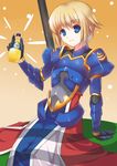  armor blonde_hair blue_eyes drink gauntlets highres knight md5_mismatch orangina personification product_placement rick.black short_hair sitting smile solo 