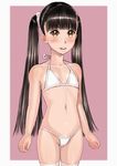  bikini black_hair blush brown_eyes cameltoe chitose_(zenkou) cowboy_shot dated flat_chest frame long_hair looking_at_viewer navel original parted_lips pink_background scrunchie shiny shiny_skin simple_background smile solo swimsuit thighhighs twintails white_bikini white_legwear zenkou 