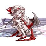  banned_artist bat_wings dress hat hat_ribbon kozou_(soumuden) puffy_sleeves red_eyes red_footwear remilia_scarlet ribbon sash shoes short_sleeves silver_hair solo squatting touhou white_dress wings wrist_cuffs 
