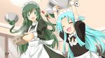  ^_^ apron aqua_eyes aqua_hair arms_behind_back bowl closed_eyes crossover green_hair haiyore!_nyaruko-san long_hair maid maid_headdress multiple_girls open_mouth oven_mitts personification pot prehensile_hair shantak_(nyaruko-san) smile tekeli uchi_no_maid_wa_futeikei yuto_(dialique) 