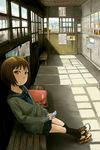  bag bench brown_eyes brown_hair cellphone indoors leaning_back naotan original phone poster_(object) railroad_tracks school_bag school_uniform serafuku shoes short_hair sitting sneakers window window_shade 