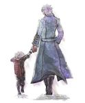  2boys capcom devil_may_cry devil_may_cry_4 father_and_son hand_holding long_coat mackerel_(artist) multiple_boys nero_(devil_may_cry) vergil walking white_hair 