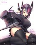  black_legwear blush boots breasts character_name covered_nipples eyepatch fukai_ryousuke gloves kantai_collection large_breasts long_sleeves looking_at_viewer machinery open_mouth purple_hair red_eyes short_hair signature simple_background skirt solo sword tenryuu_(kantai_collection) thick_thighs thighhighs thighs weapon white_background zettai_ryouiki 