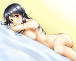  arm armpits ass back bed black_hair blush breast_press breasts cleavage crossed_arms head_rest large_breasts legs long_hair looking_at_viewer lying nude on_stomach original red_eyes sideboob smile solo tama_(tamakaka1031) 