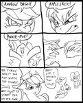  angry applejack_(mlp) black_and_white comic cowboy_hat dialog english_text equine eyes female feral freckles friendship_is_magic group hair hat horse inside mammal metal_(artist) monochrome my_little_pony pegasus pinkie_pie_(mlp) pony rainbow_dash_(mlp) smile text wings 