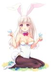  animal_ears bare_shoulders bird black_legwear bow bowtie breasts bunny_ears bunny_girl bunny_tail bunnysuit cleavage detached_collar eiyuu_senki full_body high_heels large_breasts long_hair open_mouth pantyhose red_eyes shoes simple_background sir_percival_(eiyuu_senki) sitting smile solo tail wariza white_hair wrist_cuffs yumekui 