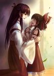  bow brown_hair chien_zero closed_eyes hair_bow hair_tubes hakurei_reimu hand_on_another's_face highres hug japanese_clothes kneeling leaf long_hair miko mother_and_daughter multiple_girls open_mouth original purple_hair red_eyes sendai_hakurei_no_miko short_hair smile touhou younger 