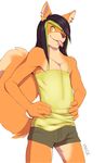  anthro claws clothing fur girly green_eyes hair hands hands_on_hips male mystikfox61 piercing plain_background pose shorts solo standing tan_fur tongue tongue_out two_tone_hair white_background 