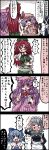  black_border blue_eyes blue_hair border bow cirno comic hat highres hong_meiling izayoi_sakuya jetto_komusou multiple_girls open_mouth patchouli_knowledge remilia_scarlet speech_bubble touhou translation_request 