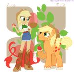  alpha_channel apple applejack_(eg) applejack_(mlp) blonde_hair boots clothed clothing cowboy_boots cowboy_hat crossgender cutie_mark duo eating english_text equestria_girls equine female friendship_is_magic fruit green_eyes hair hat hi_res horse human jaquelindreamz male mammal my_little_pony pony skirt square_crossover standing text 