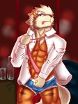  5022048898_(pixiv) abs anthro arcanine beige_skin biceps big_muscles bigger_version_at_the_source bipedal black_nose blonde_hair blue_eyes bottomless briefs brown_fur brown_markings brown_nose canine clothed clothing cup digital_media_(art) dress_shirt ear_fluff flaccid fluffy_tail front_view fur glass hair inside male mammal muscles necktie nintendo open_shirt orange_penis orange_skin penis pink_tongue plain_background pointy_ears pok&#233;mon red_background shirt solo standing striped_skin tan_fur three-quarter_portrait tongue tongue_out underwear undressing video_games white_fur white_pubes white_shirt 