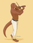  barefoot biceps brown_fur brown_nose claws clothing eyes_closed fur instrument male mammal meesh muscles musical_instrument mustelid otter pants paws plain_background side_view simple_background solo standing topless violin yellow_background 