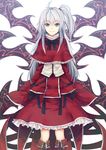 bad_id bad_pixiv_id blue_eyes boots capelet cibo_(killy) cross-laced_footwear dress hair_bobbles hair_ornament long_hair long_sleeves looking_at_viewer multiple_wings one_side_up red_capelet red_dress shinki silver_hair smile solo touhou touhou_(pc-98) very_long_hair wide_sleeves wings 
